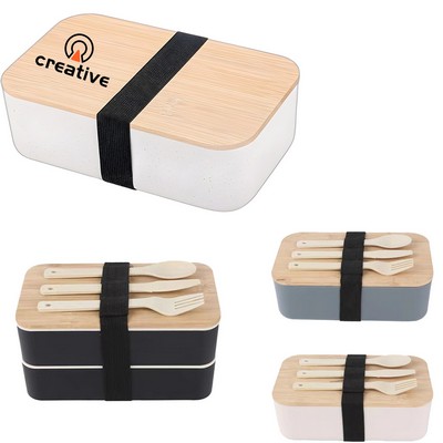2-Layer Bento Lunch Box with Tableware Set