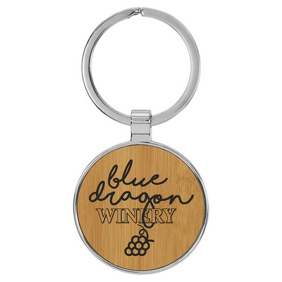 1 1/2" Leatherette/Metal Bamboo Round Keychain