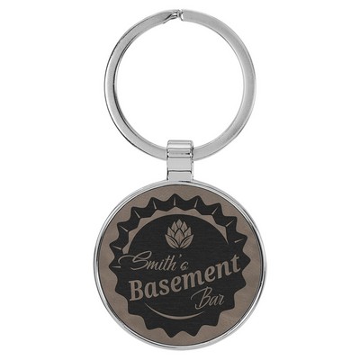 1 1/2" Leatherette/Metal Gray Round Keychain