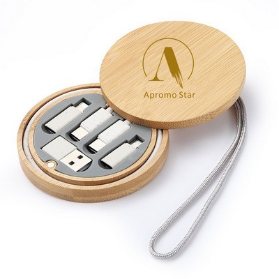 Round Bamboo Multi-Function Charging Cable Kit