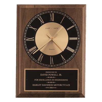 American Walnut Round Face Quartz Clock with Black Plate