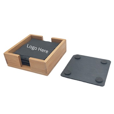 Premium 4-Piece Slate Stone Coaster Set with Wood Holder