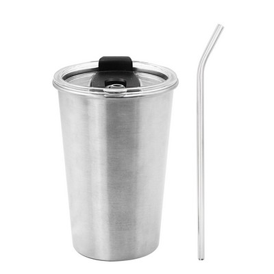 16 Oz. Stainless Steel Beer Cup With Lid and Straw