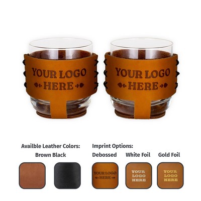 Full-Grain Leather Rocks Glass Bar Set- 2 Sleeve & 2 Glasses w/ Gift Box- Made in USA