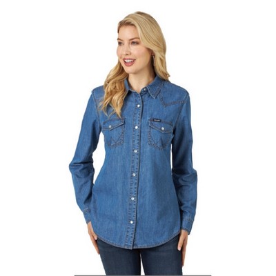 Wranglers® Women's Mid Denim Blue Long Sleeve Western Snap Denim Shirt