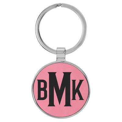 1 1/2" Leatherette/Metal Pink Round Keychain