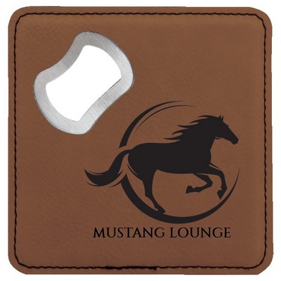 4" x 4" Square Dark Brown Leatherette Bottle Opener Coaster