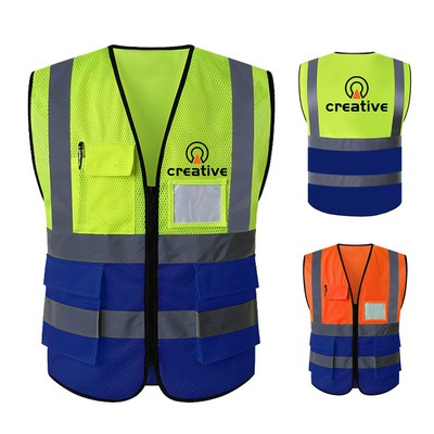 Reflective Mesh Safety Vest w/Blue Bottom, ID Pocket