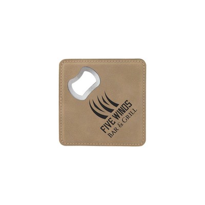 4" x 4" Square Light Brown Leatherette Coaster w/ Bottle Opener