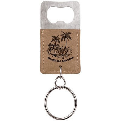Rectangle Light Brown Leatherette Bottle Opener Keychain