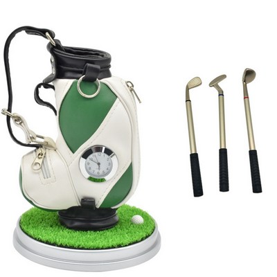 Desktop Mini Golf Bag Holder Pen Set With Clock