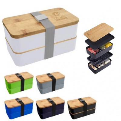 Stackable Bamboo Lid Wheat Straw Double-Layer Lunch Box Set With Utensils MOQ100PCS