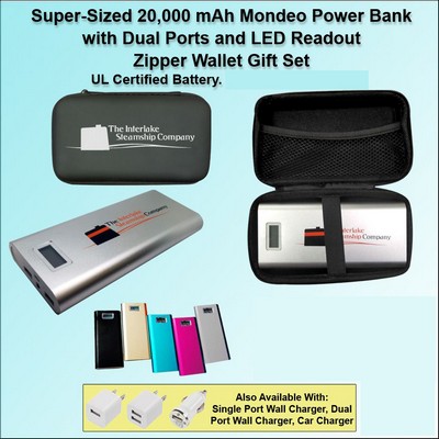 Super Sized Mondeo Power Bank 20,000 mAh, 4 Ports,LED Readout Black Zipper Wallet No Extra Tariff