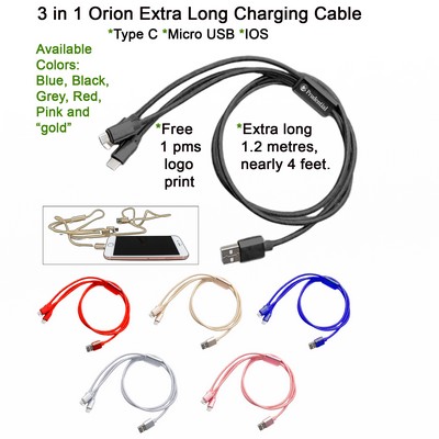 3 in 1 Orion Extra Long Charging Cable Black No Extra Tariff