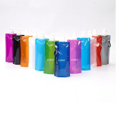 16oz PE Foldable Pocket Water Bag w/Metal Carabiner MOQ100PCS