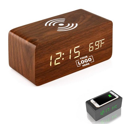 Digital Wooden Alarm Clock with Wireless Charging