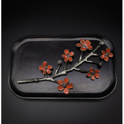 Wood Tray with Metal Sculpted Cherry Blossom Branch