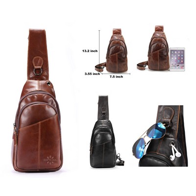 Men's Genuine Leather Sling Bag Chest Shoulder Backpack Crossbody Bag W/Earphone Hole