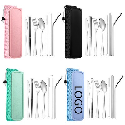 7 in 1 Stainless Steel Knife Fork Spoon Chopsticks Straw Set
