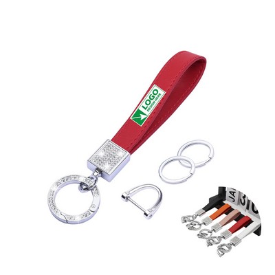 Leather Car Keychain with Anti-lost D-ring and 2 Keyrings