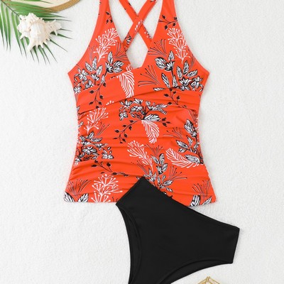 Women's Underwire Tankini Top Tummy Control Bathing Suits Sexy V Neck Crossover Swim Top