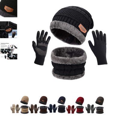 Winter Knit Beanie Hat Neck Warmer Scarf and Touch Screen Gloves Set