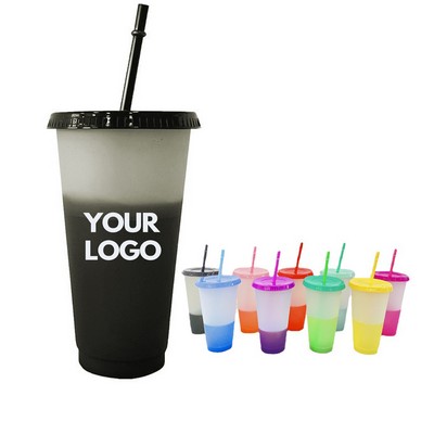 24oz Custom Reusable Color Changing Tumbler Plastic Cup w/Lid & Straw MOQ100PCS