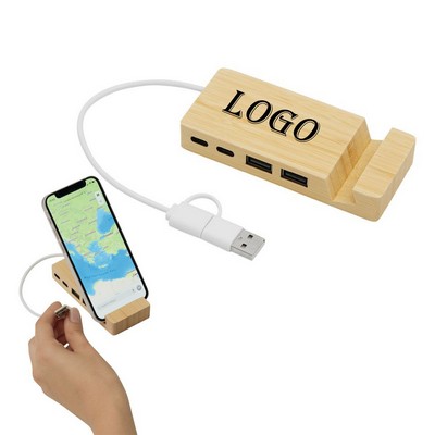 Bamboo 4 Ports USB Hub With Phone Holder