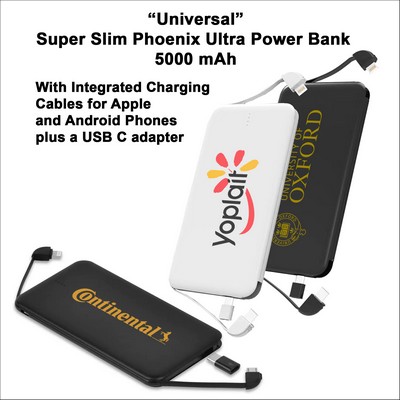 Super Slim Phoenix Ultra Power Bank 5000 mAh with Integrated Charging Cables No Extra Tariff