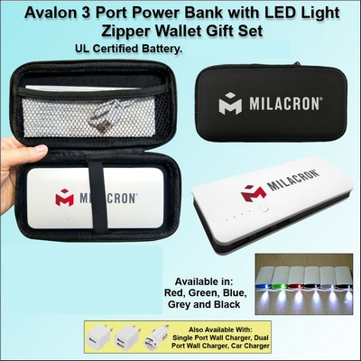 Avalon 3 Port Power Bank with LED Light 10000 mAh - Black No Extra Tariff