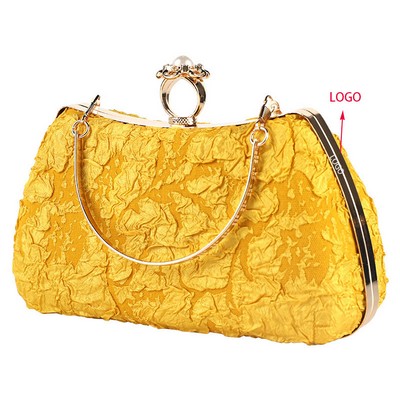 Pearl Ring-Buckle Pleated Clutch Bag