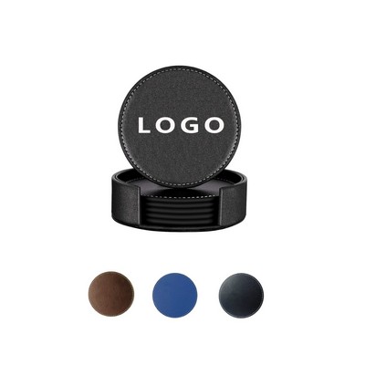 6 Pcs Round PU Coasters with Holder
