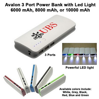Avalon 3 Port Power Bank with LED Light - 6000 mAh No Extra Tariff