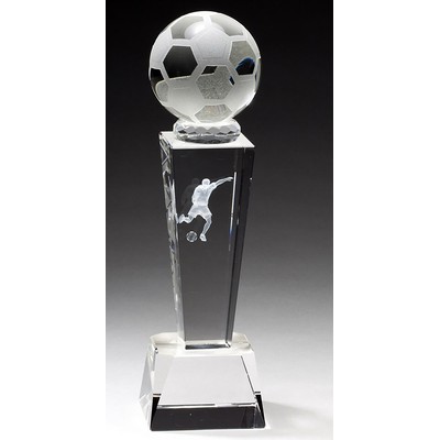 Crystal Soccer Award w/3-D Player Image, 2-1/2"x8-3/4"H