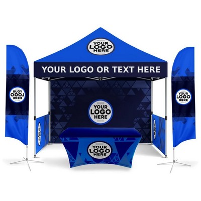10x10 Canopy Pop-Up Tent Kit Package with 9ft Feather Flag & 6ft Stretch Table Cover