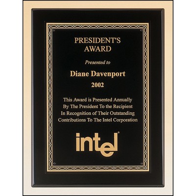 Black stained piano finish plaque with gold braided border 11" x 14" Award