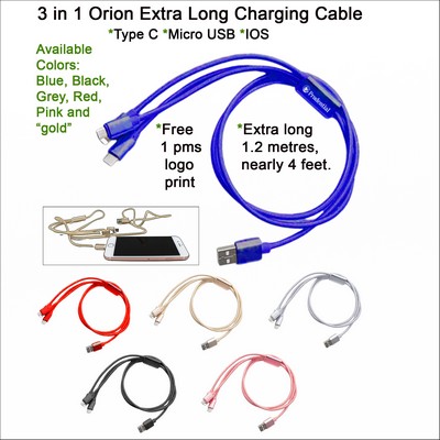 3 in 1 Orion Extra Long Charging Cable Blue No Extra Tariff