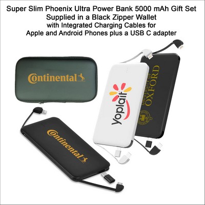 Super Slim Phoenix Power Bank 5000 mAh, Integrated Cables, Black Zipper Wallet. No Extra Tariff