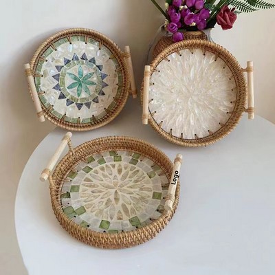 Rattan Roud Serving Tray Bread Serving Basket With Handle 3 Pcs