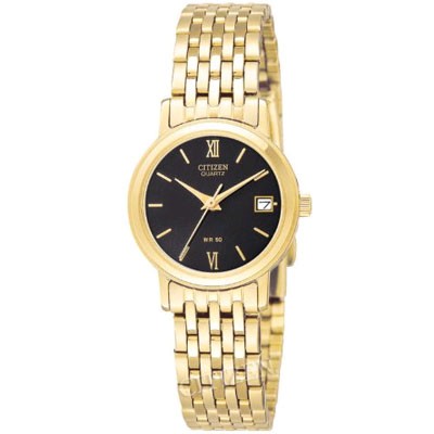 Citizen Ladies Gold Tone Black Quartz Dial Watch