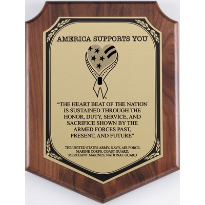 Walnut Satin Finish Shield with Brass Plate, 8"x10-1/2"