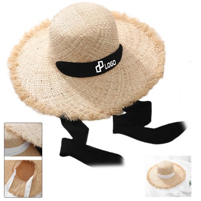 Women'S Lace-Up Sun Protectiv Wide Brim Dome Straw Hat