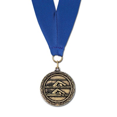 1 1/2" Double Swimmers Cast MX Medal w/ Grosgrain Neck Ribbon