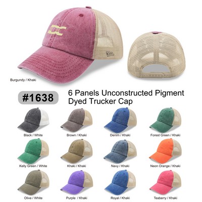6 Panel Low Profile Trucker Cap Garment Washed Pigment Dyed Soft Mesh Snapback