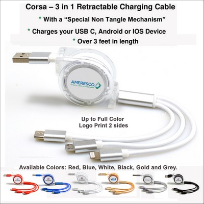 Corsa 3 in 1 Retractable Charging Cable - Whiite No Extra Tariff