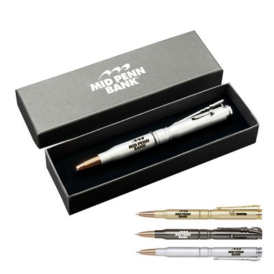Deluxe Brass Bullet Shaped Ballpoint Pen with Riffle-Style clip Gift Set