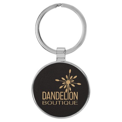 1 1/2" Leatherette/Metal Black/Gold Round Keychain