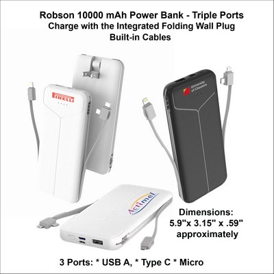 Robson 10000 mAh Power Bank - Triple Ports, Integrated Wall Plug, Built in Cables No Extra Tariff