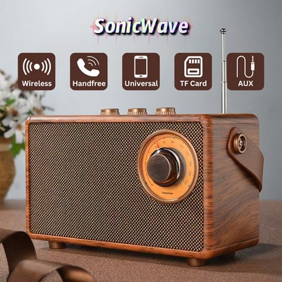 SonicWave Retro Bluetooth Speaker with USB, TF Card, AUX, FM Radio & Strap