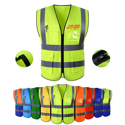 High-Visibility Reflective Work Vest with Multiple Pockets for Construction, Sanitation, and Traffic